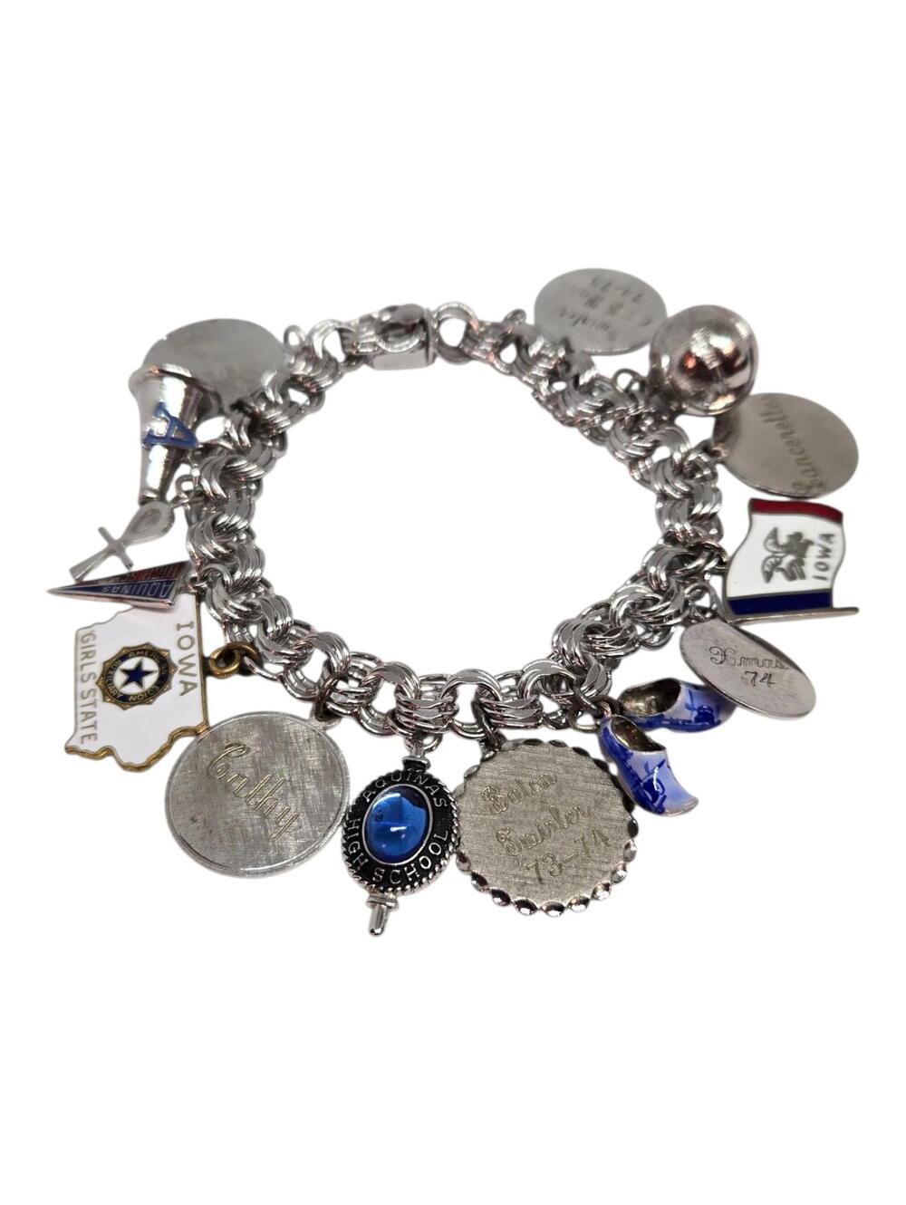 VTG Sterling Silver CHUNKY Heavy Estate Charm Bracelet , Iowa, St Thomas Aquinas